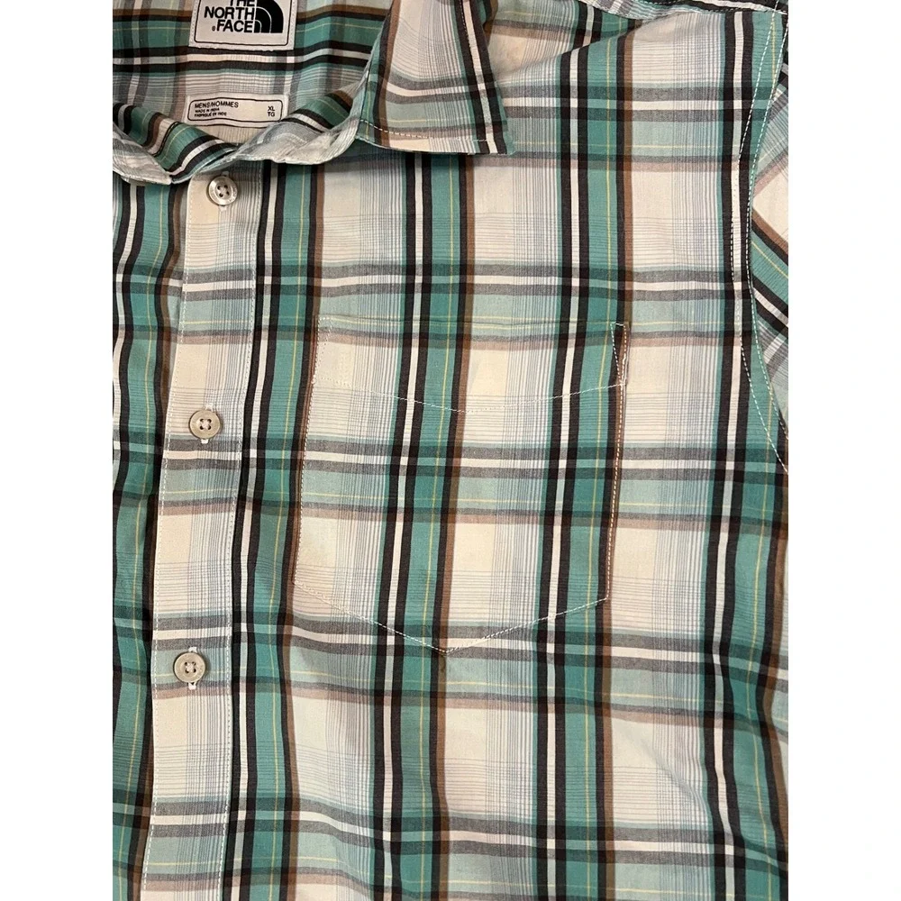 The North Face Mens XL Short Sleeve Plaid Button Down Shirt Teal White Brown